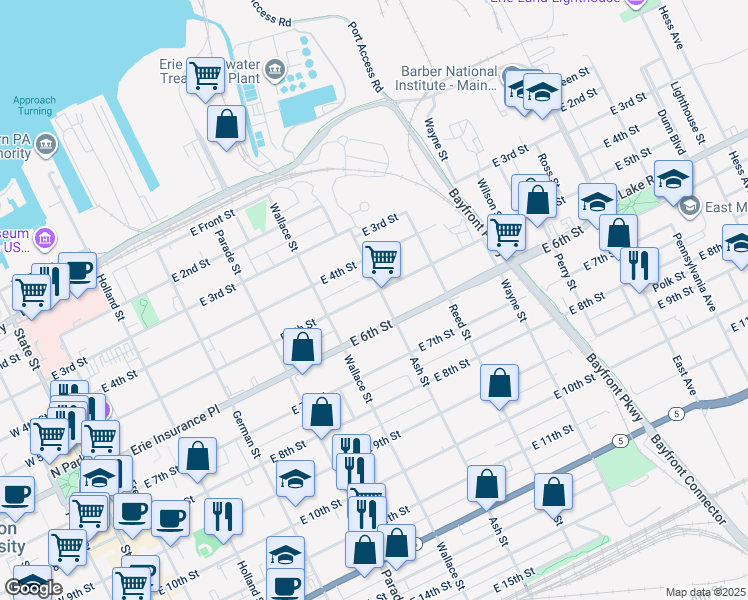 map of restaurants, bars, coffee shops, grocery stores, and more near 553 E 5th St in Erie
