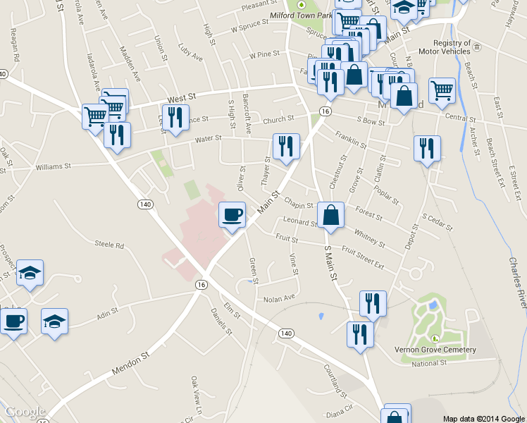 map of restaurants, bars, coffee shops, grocery stores, and more near 316 Main Street in Milford