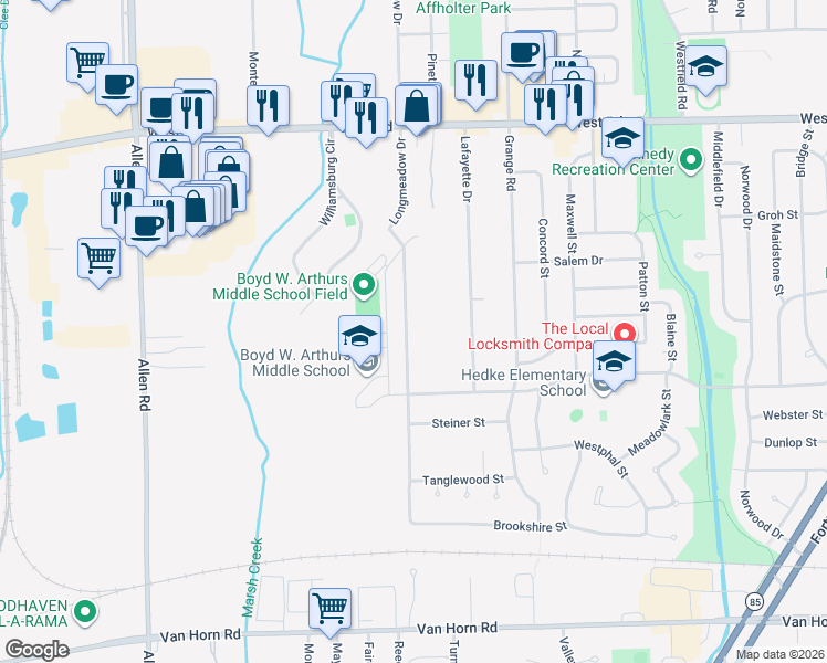 map of restaurants, bars, coffee shops, grocery stores, and more near 3241 Longmeadow Drive in Trenton