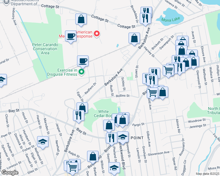map of restaurants, bars, coffee shops, grocery stores, and more near 28 Rush Street in Springfield