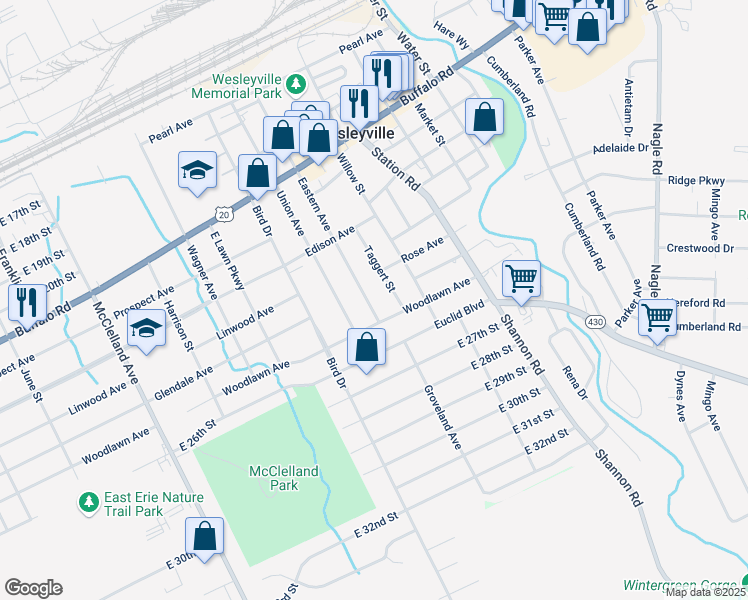 map of restaurants, bars, coffee shops, grocery stores, and more near 2413 Eastern Avenue in Erie