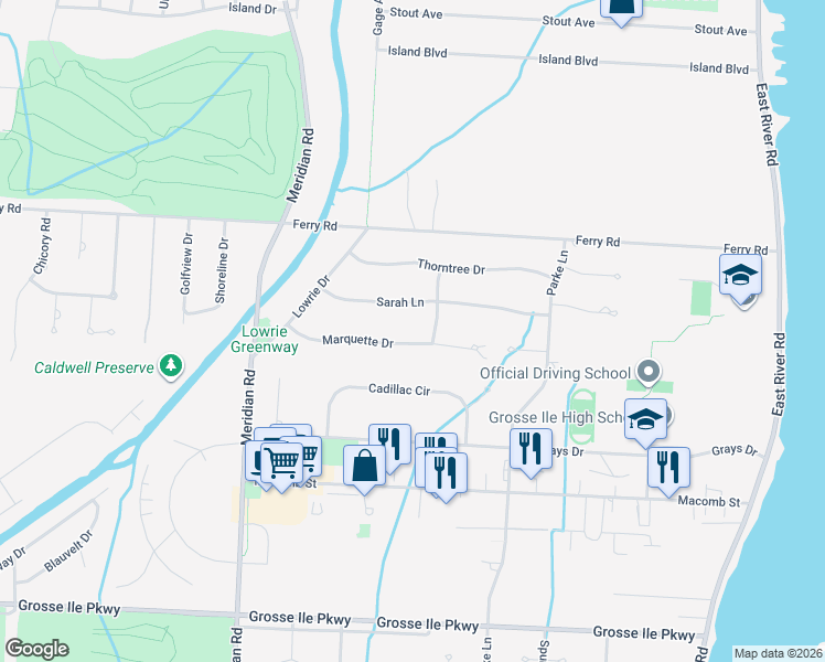map of restaurants, bars, coffee shops, grocery stores, and more near 8762 Marquette Dr in Grosse Ile Township