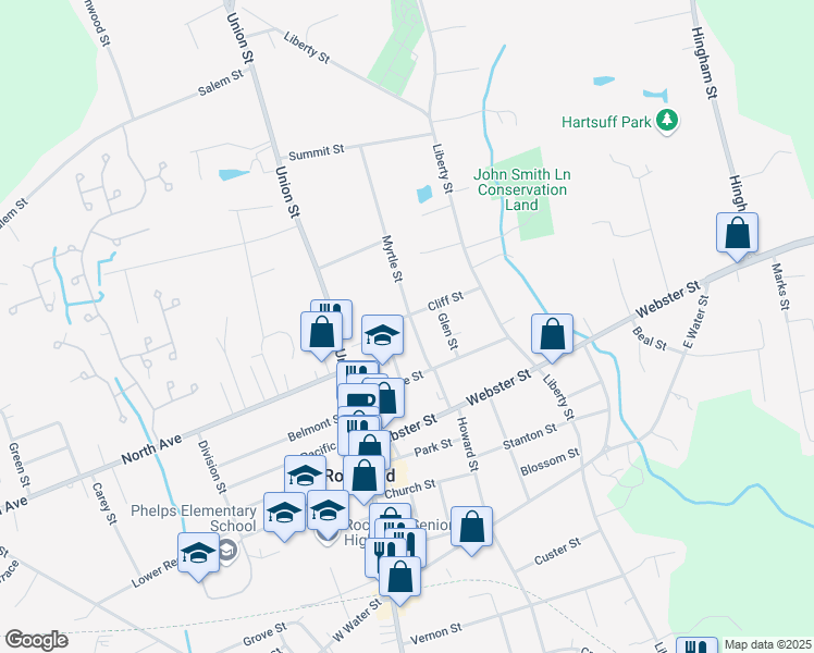 map of restaurants, bars, coffee shops, grocery stores, and more near 50 Myrtle Street in Rockland
