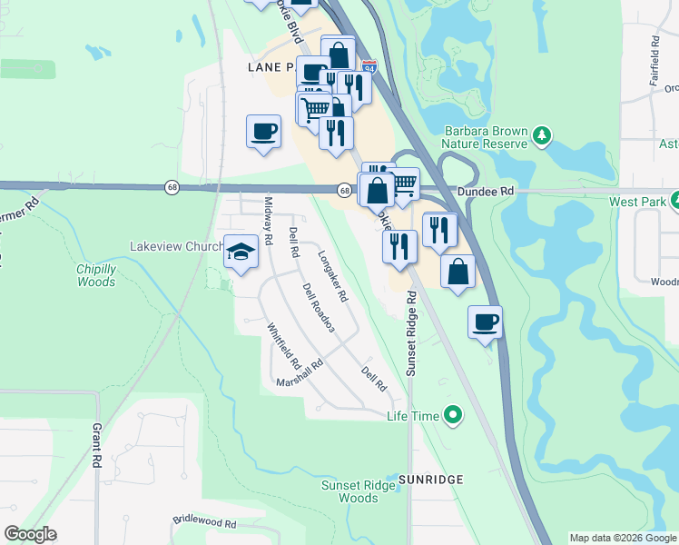 map of restaurants, bars, coffee shops, grocery stores, and more near 1011 Longaker Road in Northbrook