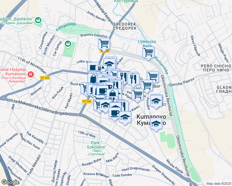map of restaurants, bars, coffee shops, grocery stores, and more near B.B. Mosha Pijade in Kumanovo