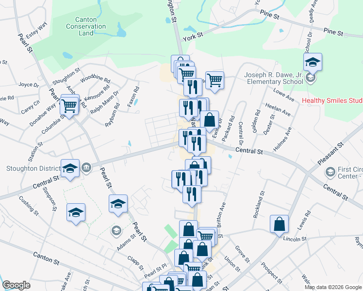 map of restaurants, bars, coffee shops, grocery stores, and more near 1044 Central Street in Stoughton