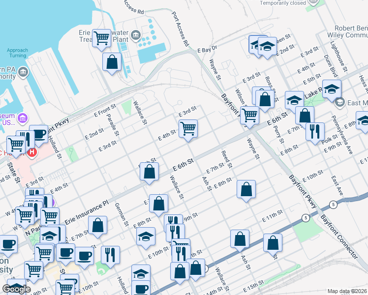 map of restaurants, bars, coffee shops, grocery stores, and more near 553 East 5th Street in Erie