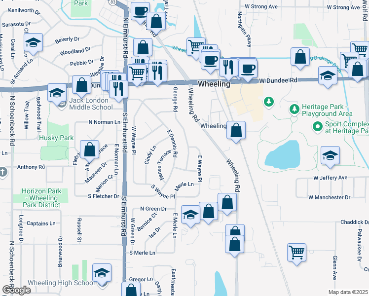 map of restaurants, bars, coffee shops, grocery stores, and more near 212 George Road in Wheeling