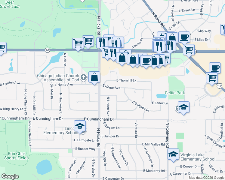 map of restaurants, bars, coffee shops, grocery stores, and more near 469 East Home Avenue in Palatine