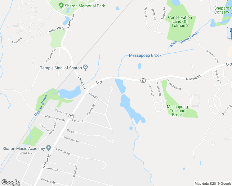 map of restaurants, bars, coffee shops, grocery stores, and more near 19 Pond View Circle in Sharon