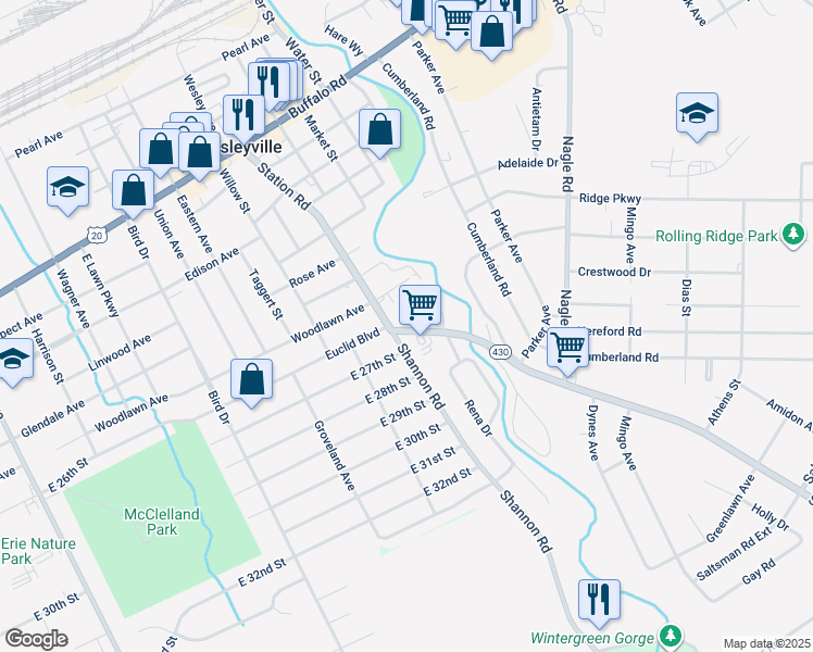 map of restaurants, bars, coffee shops, grocery stores, and more near 2617 Station Rd in Erie