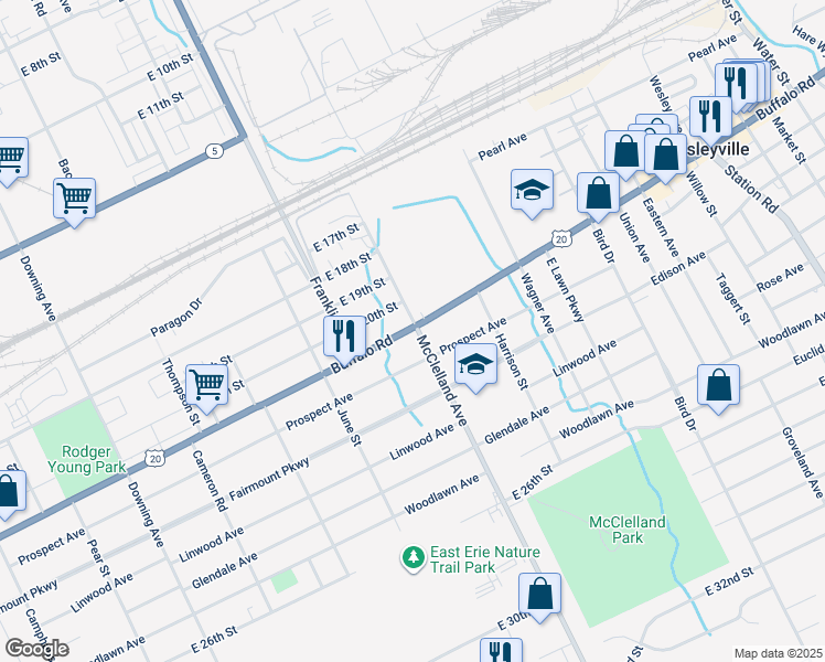 map of restaurants, bars, coffee shops, grocery stores, and more near 2267 Buffalo Rd in Erie
