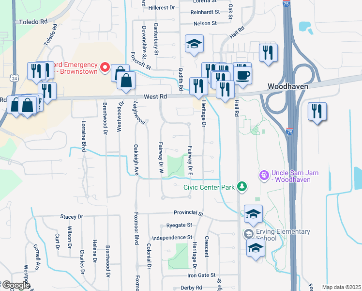 map of restaurants, bars, coffee shops, grocery stores, and more near 22348 Kingston Court in Woodhaven