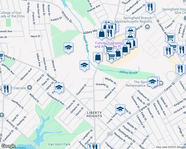 map of restaurants, bars, coffee shops, grocery stores, and more near 1174 Liberty Street in Springfield
