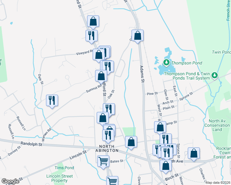 map of restaurants, bars, coffee shops, grocery stores, and more near 274 Oak Street in Abington