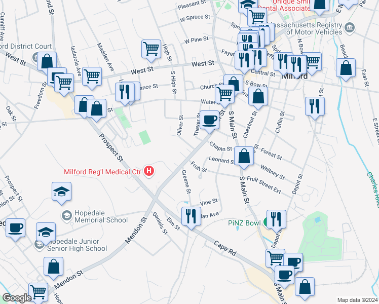map of restaurants, bars, coffee shops, grocery stores, and more near 316 Main Street in Milford