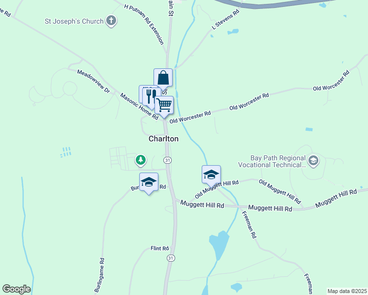 map of restaurants, bars, coffee shops, grocery stores, and more near 27 Main Street in Charlton