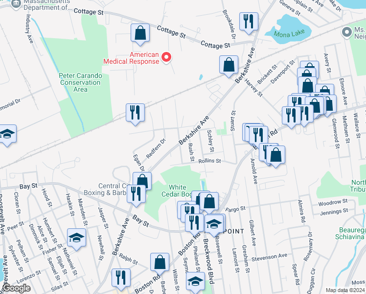 map of restaurants, bars, coffee shops, grocery stores, and more near 28 Rush Street in Springfield