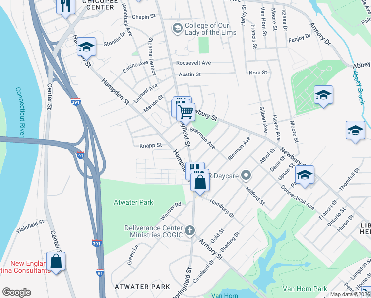 map of restaurants, bars, coffee shops, grocery stores, and more near 23 Atwater Street in Chicopee