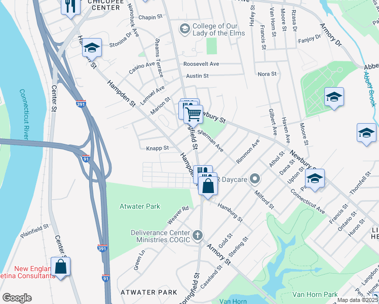 map of restaurants, bars, coffee shops, grocery stores, and more near 23 Atwater Street in Chicopee