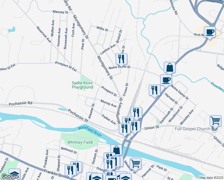 map of restaurants, bars, coffee shops, grocery stores, and more near 44 Montgomery Street in Westfield