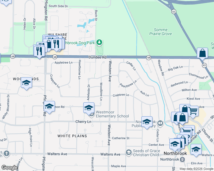 map of restaurants, bars, coffee shops, grocery stores, and more near 919 Western Avenue in Northbrook