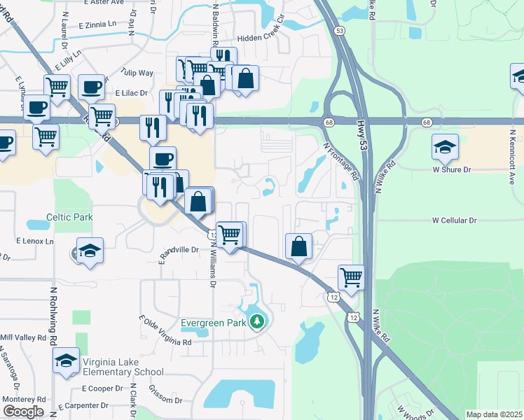 map of restaurants, bars, coffee shops, grocery stores, and more near 1487 East Ports O Call Drive in Palatine