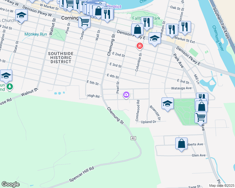 map of restaurants, bars, coffee shops, grocery stores, and more near Intarsia Ln in Corning