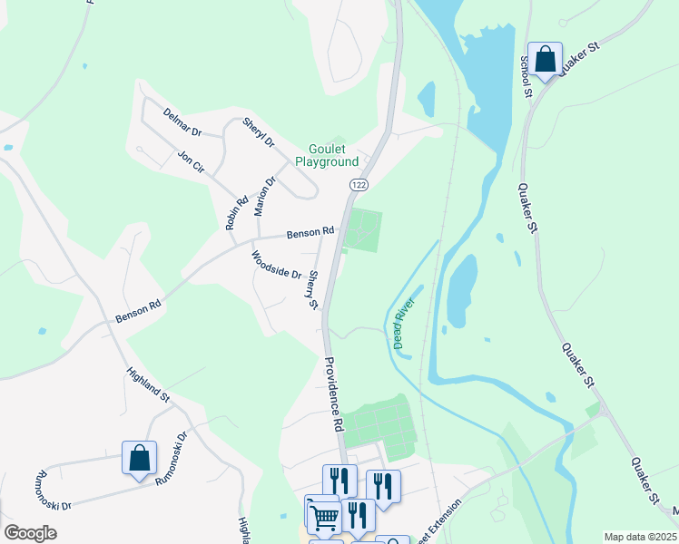 map of restaurants, bars, coffee shops, grocery stores, and more near 1548 Providence Road in Northbridge