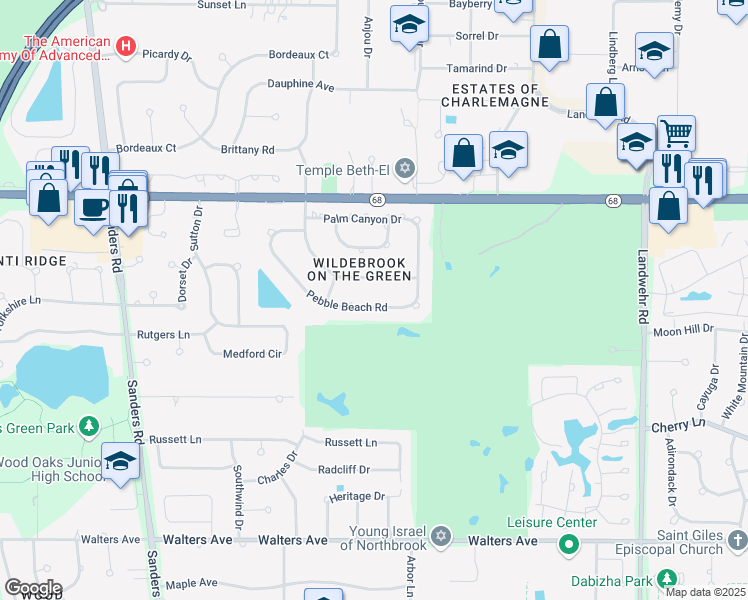 map of restaurants, bars, coffee shops, grocery stores, and more near 3630 Pebble Beach Road in Northbrook