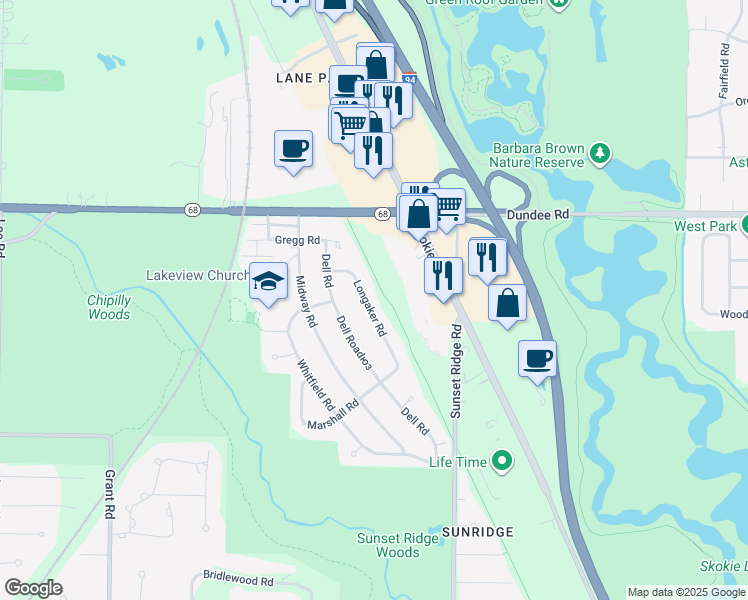 map of restaurants, bars, coffee shops, grocery stores, and more near 1011 Longaker Road in Northbrook