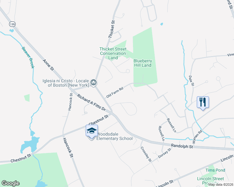 map of restaurants, bars, coffee shops, grocery stores, and more near 41 Old Farm Road in Abington