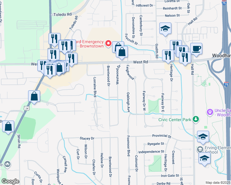 map of restaurants, bars, coffee shops, grocery stores, and more near 23013 Brentwood Drive in Brownstown Charter Township
