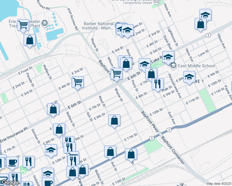 map of restaurants, bars, coffee shops, grocery stores, and more near 622 Wayne St in Erie