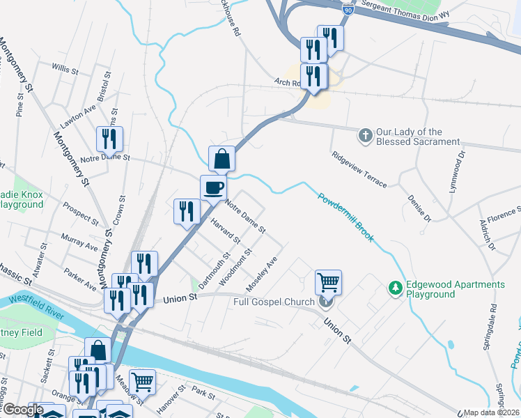 map of restaurants, bars, coffee shops, grocery stores, and more near 157 Dartmouth Street in Westfield