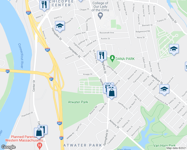 map of restaurants, bars, coffee shops, grocery stores, and more near 11 Marble Avenue in Chicopee