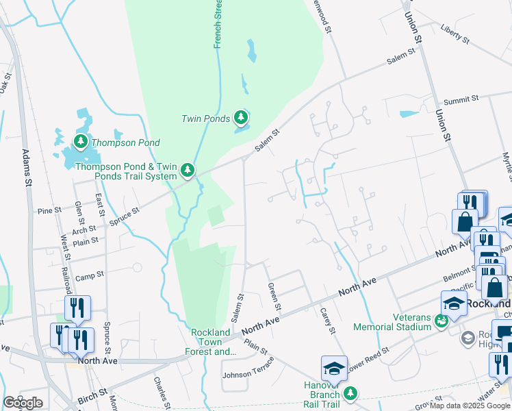 map of restaurants, bars, coffee shops, grocery stores, and more near 448 Salem Street in Rockland