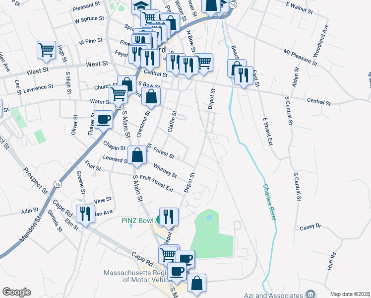 map of restaurants, bars, coffee shops, grocery stores, and more near 40 Forest Street in Milford