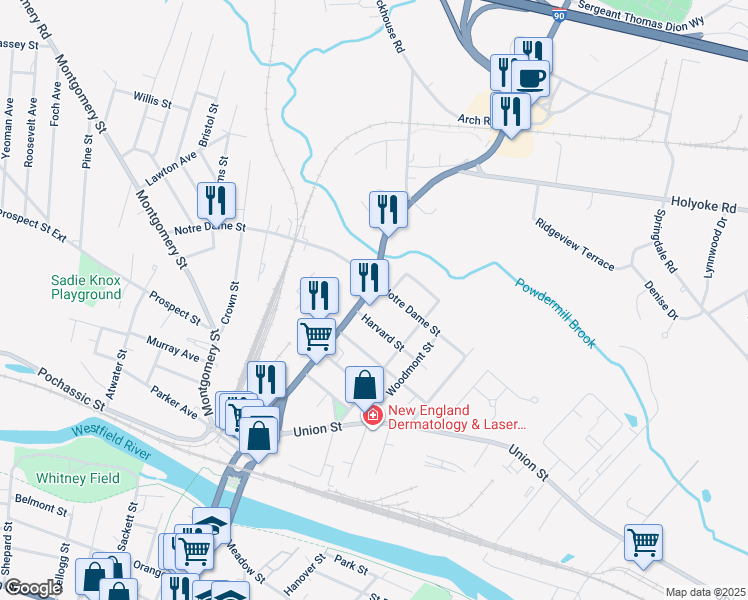 map of restaurants, bars, coffee shops, grocery stores, and more near in Westfield