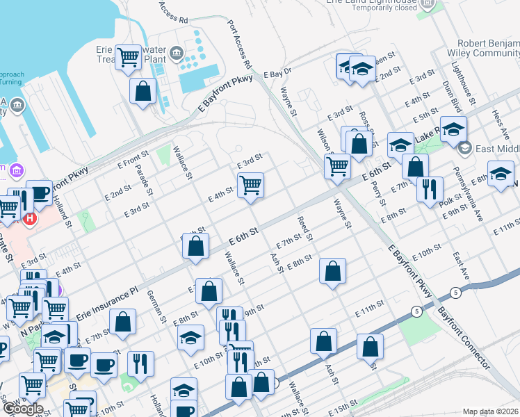 map of restaurants, bars, coffee shops, grocery stores, and more near 626 East 6th Street in Erie