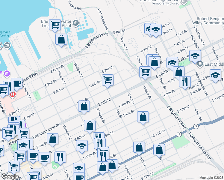 map of restaurants, bars, coffee shops, grocery stores, and more near 626 East 6th Street in Erie