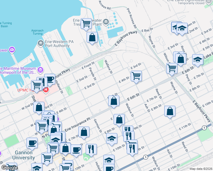 map of restaurants, bars, coffee shops, grocery stores, and more near 404 East 4th Street in Erie