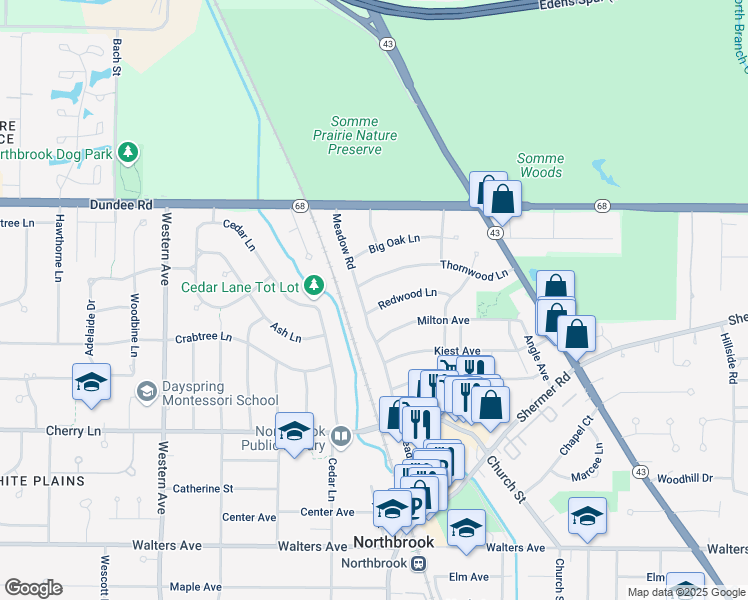 map of restaurants, bars, coffee shops, grocery stores, and more near 2001 Redwood Lane in Northbrook