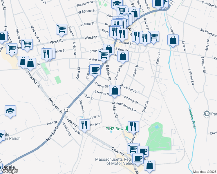 map of restaurants, bars, coffee shops, grocery stores, and more near 23 Chapin Street in Milford