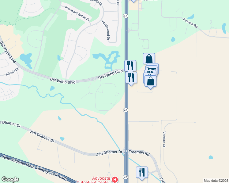 map of restaurants, bars, coffee shops, grocery stores, and more near 12177 Quail Ridge Drive in Huntley