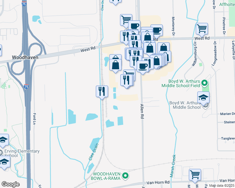 map of restaurants, bars, coffee shops, grocery stores, and more near in Wayne County