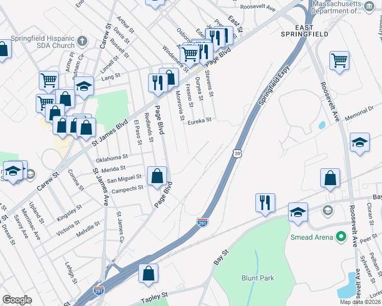 map of restaurants, bars, coffee shops, grocery stores, and more near 305 Monrovia Street in Springfield
