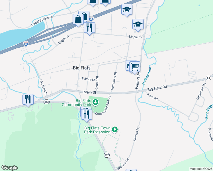 map of restaurants, bars, coffee shops, grocery stores, and more near 113 Main Street in Big Flats