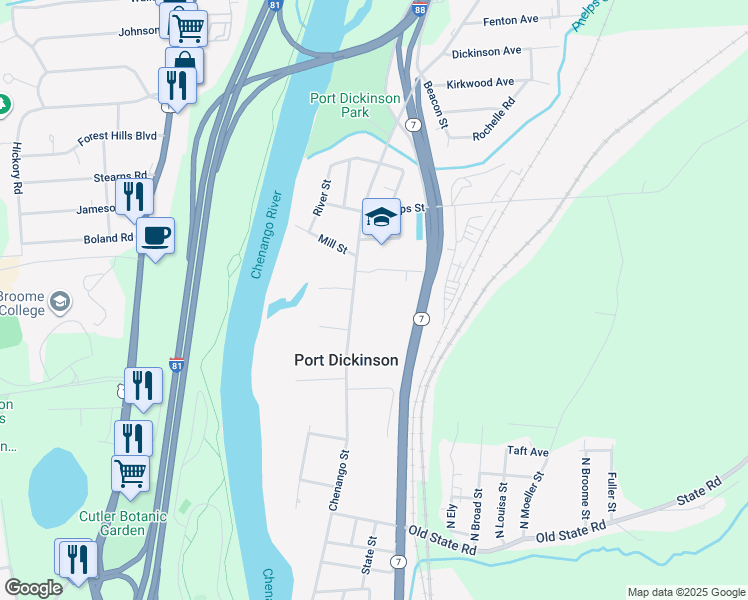map of restaurants, bars, coffee shops, grocery stores, and more near 748 Chenango Street in Binghamton