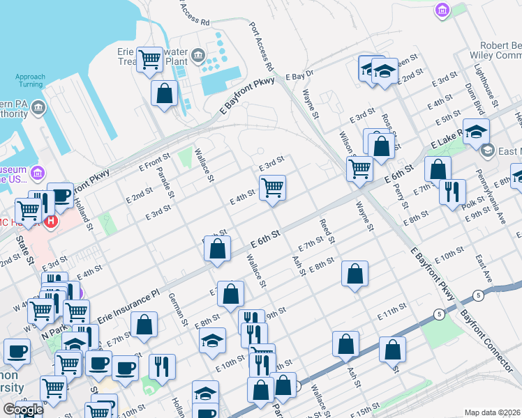 map of restaurants, bars, coffee shops, grocery stores, and more near 553 East 5th Street in Erie
